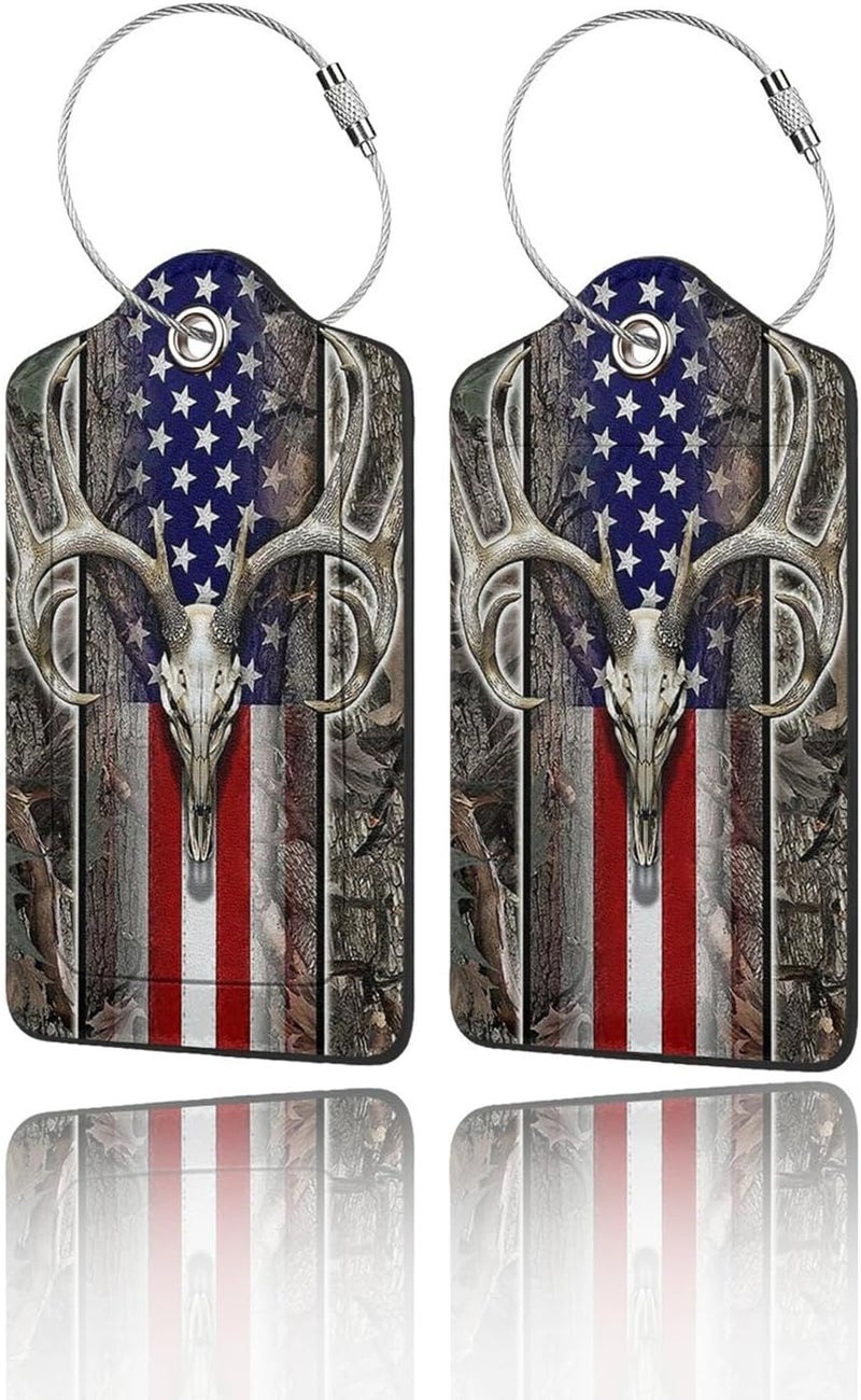 GACCAP 2 Pack Luggage Tags for Suitcase, Privacy Cover ID Label with Stainless Steel and Address Card for Travel Bag Backpack Cruise Ship Tag Women Men - Camo Deer Skull Americang Flag Camouflage - Image 1
